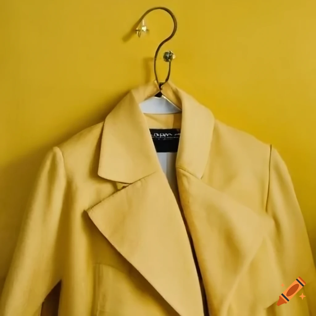 Yellow elegant coat on coat rack with yellow wall background