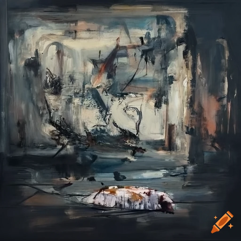 Abstract expressionist landscape painting with derelict Hospital and child with dead cat in brutalist gray