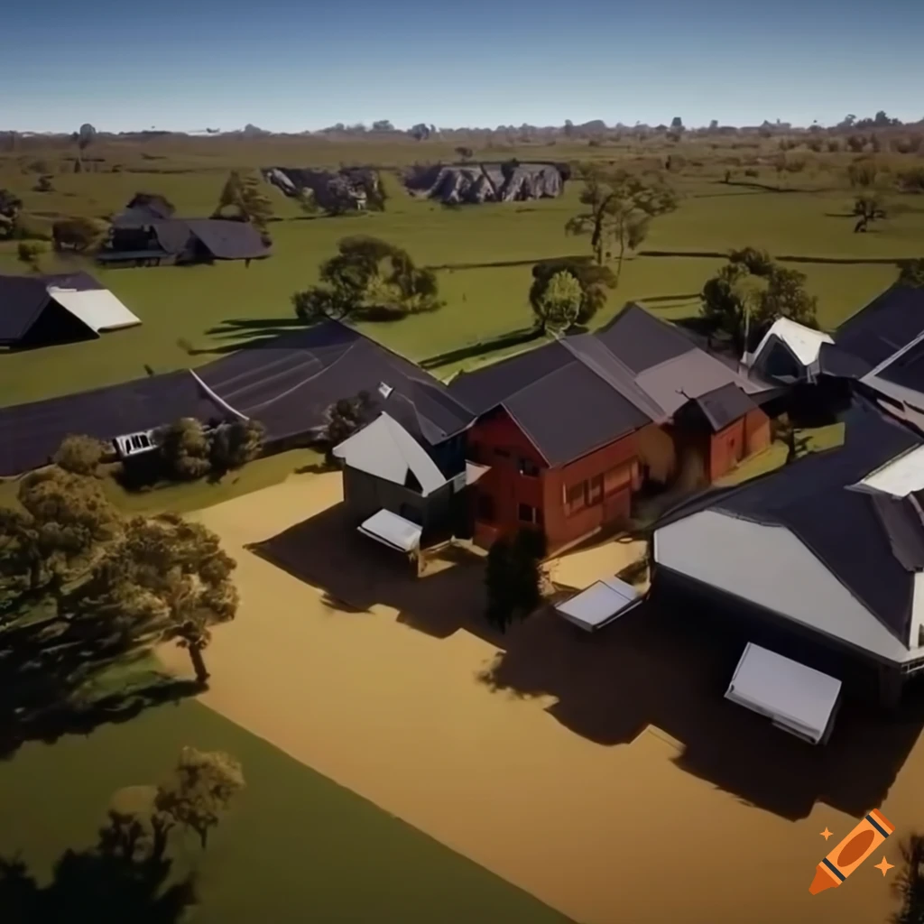 Aerial view of technologically advanced Australian countryside with white houses, corn fields, and roads under a clear blue sky