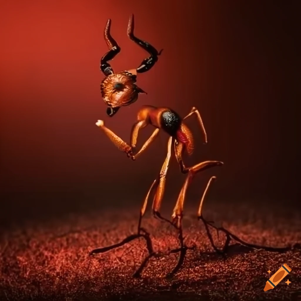 Detailed illustration of demonic ants with horns on grass lawn