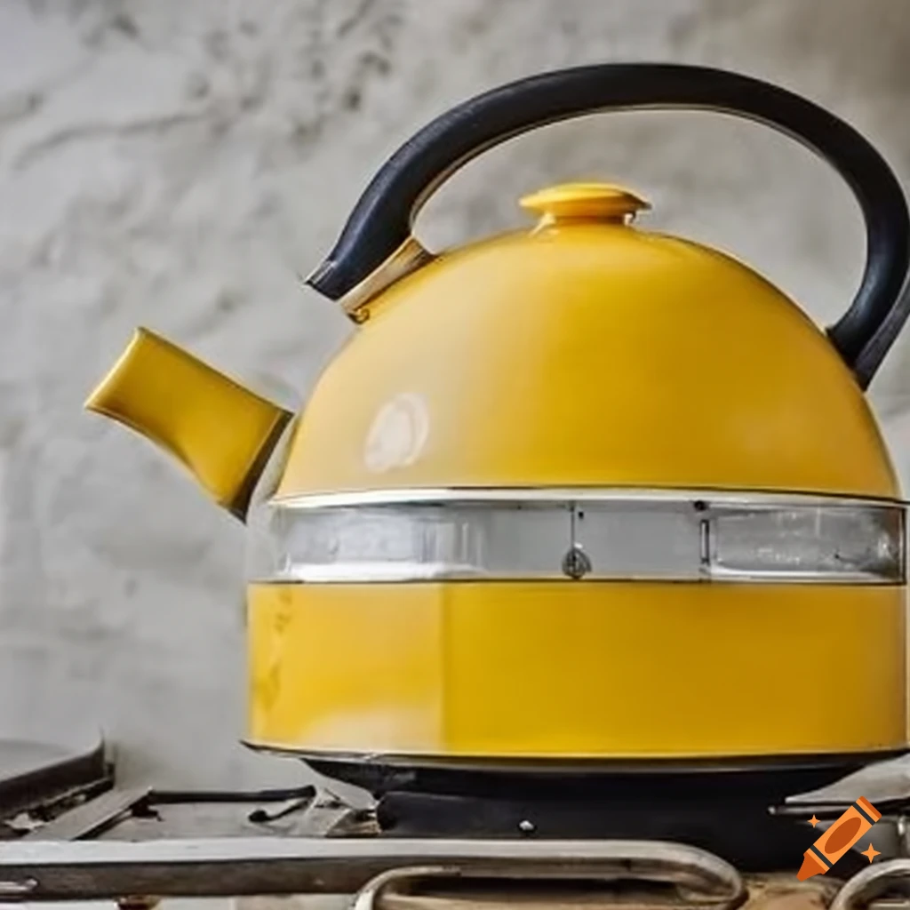 Yellow kettle on a stove, professionally captured on Craiyon