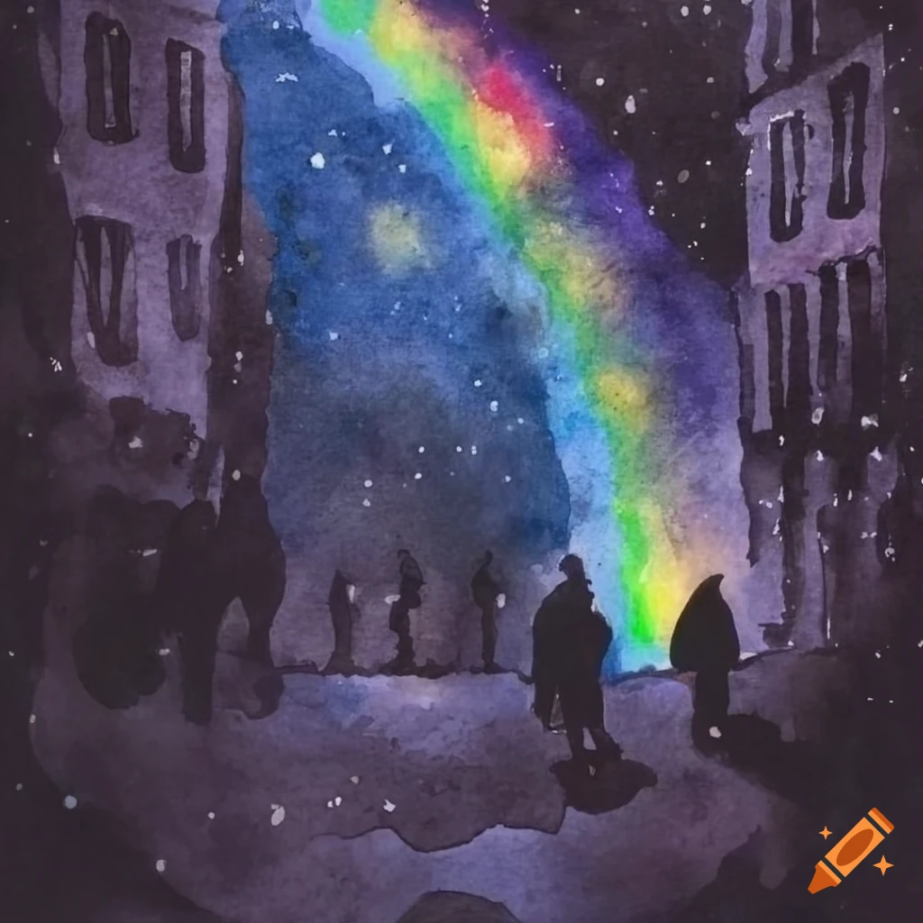 Dark rainbow reflected in watercolor with a crowd listening to vinyl music in a starry rock night