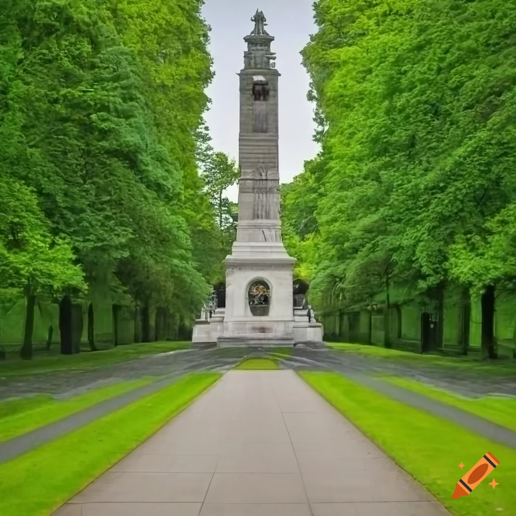 Symmetrical classical war memorial in a lush green park