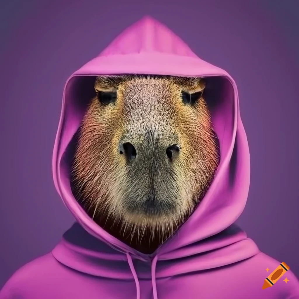 Capybara wearing a hoodie in photorealism style on a purple background