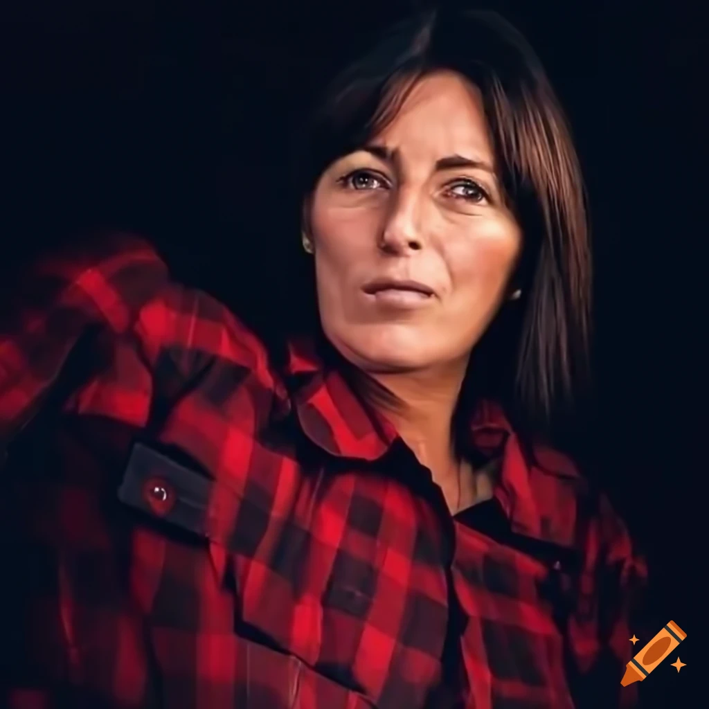 Young woman in red plaid shirt and black leather trousers peeking