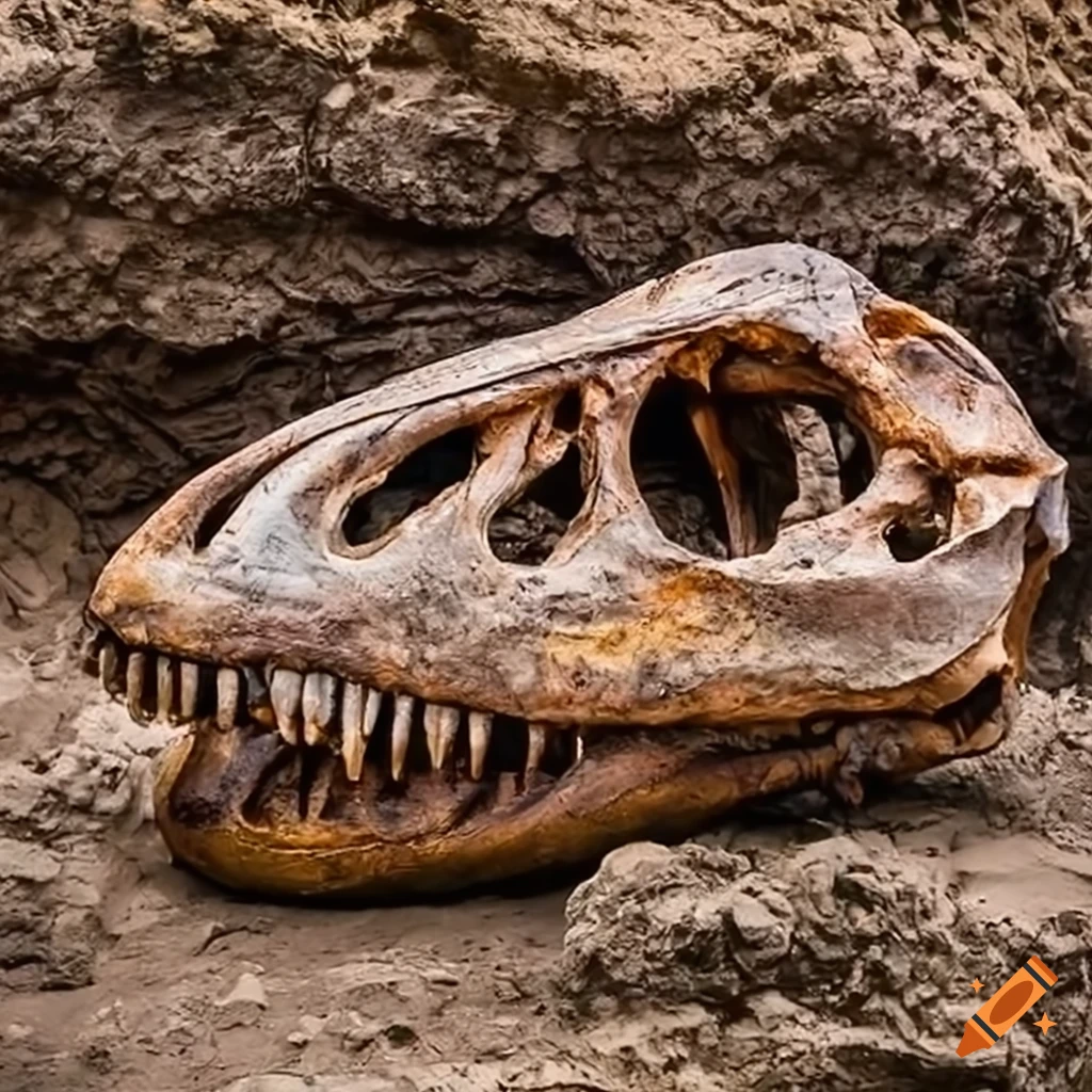 Fossil skull of a dinosaur at an excavation site