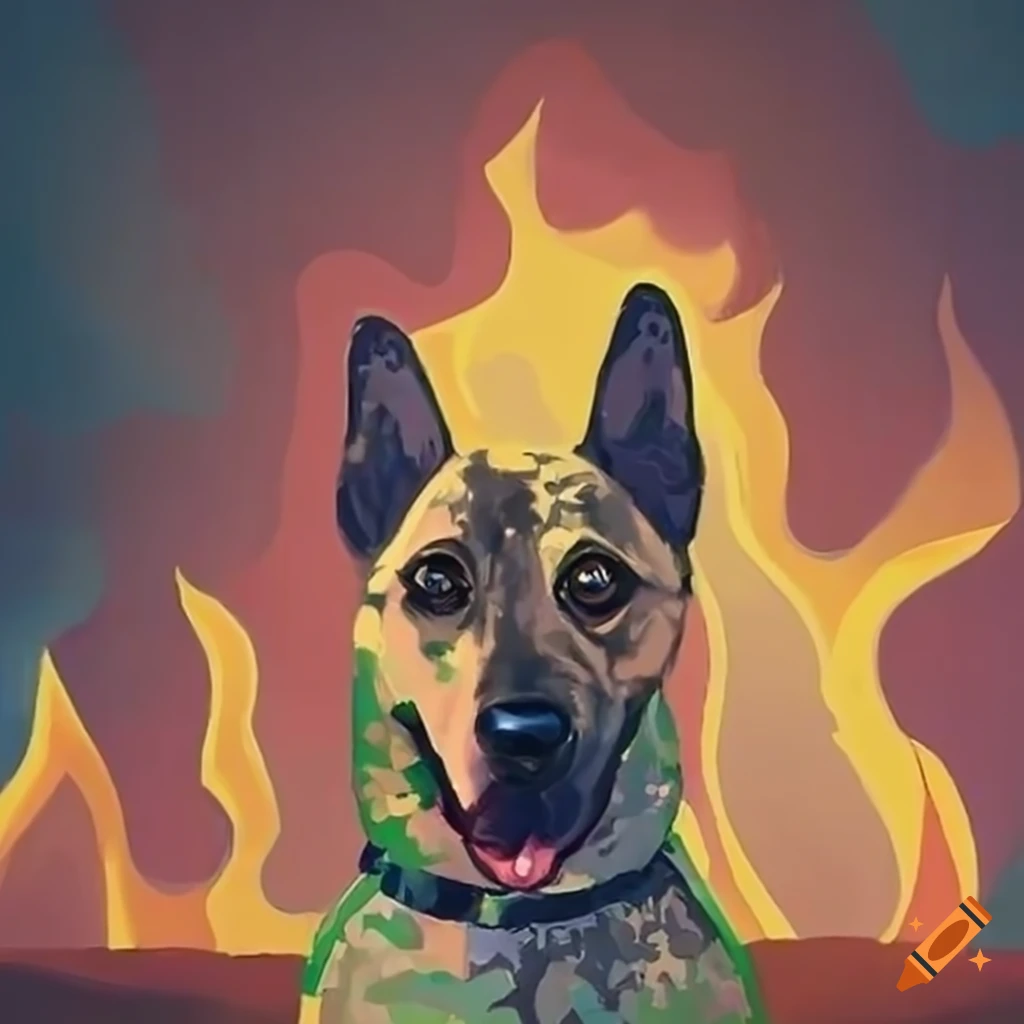 Police dog rescuing child from burning house in Picasso style