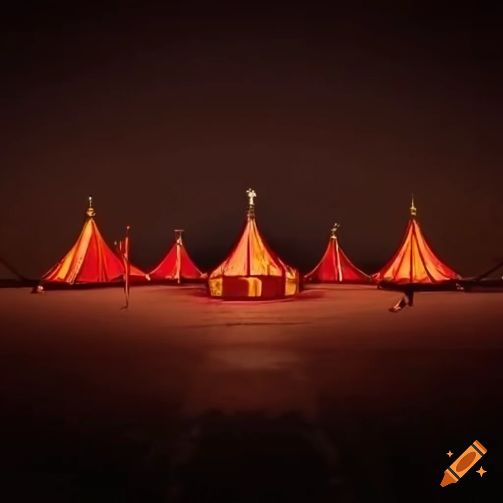 Dark atmospheric carnival with red and orange circus tents