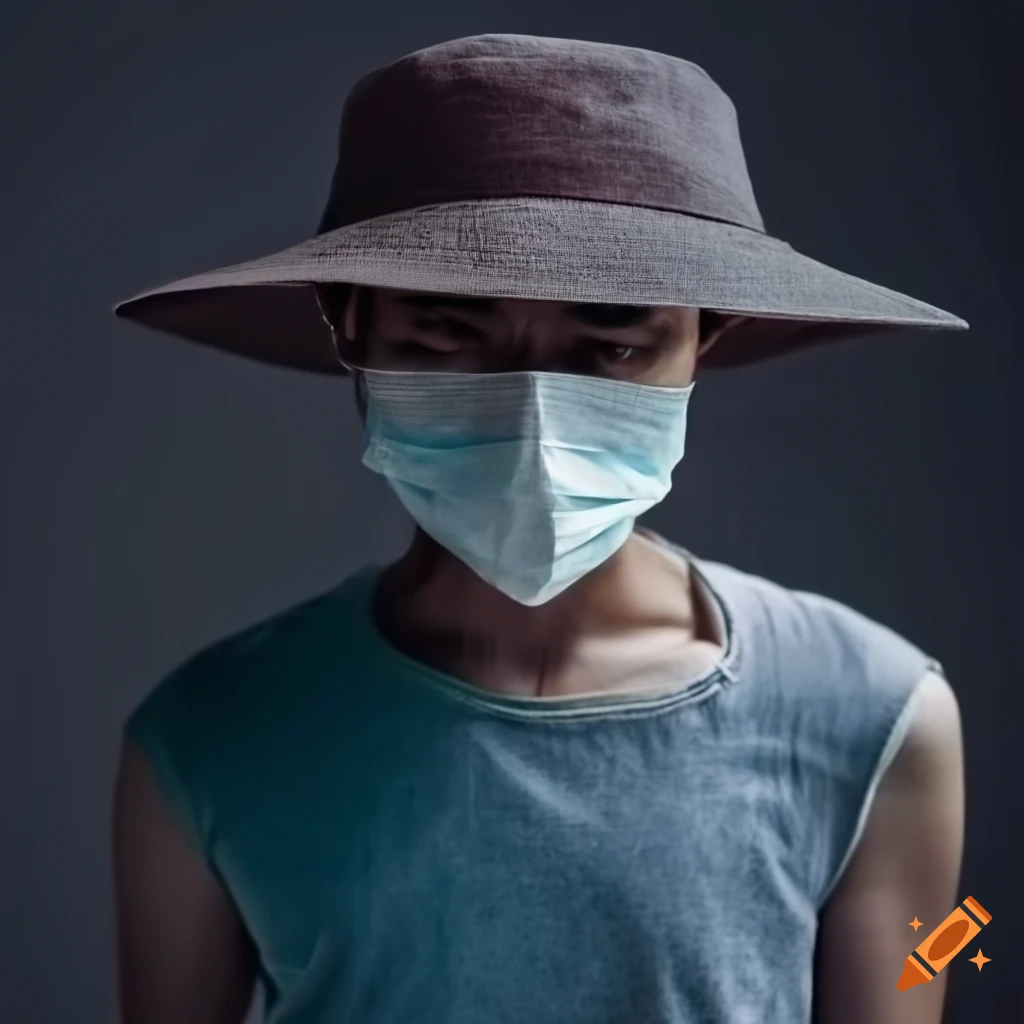 Asian man in a sun hat and mask carrying a shopping bag