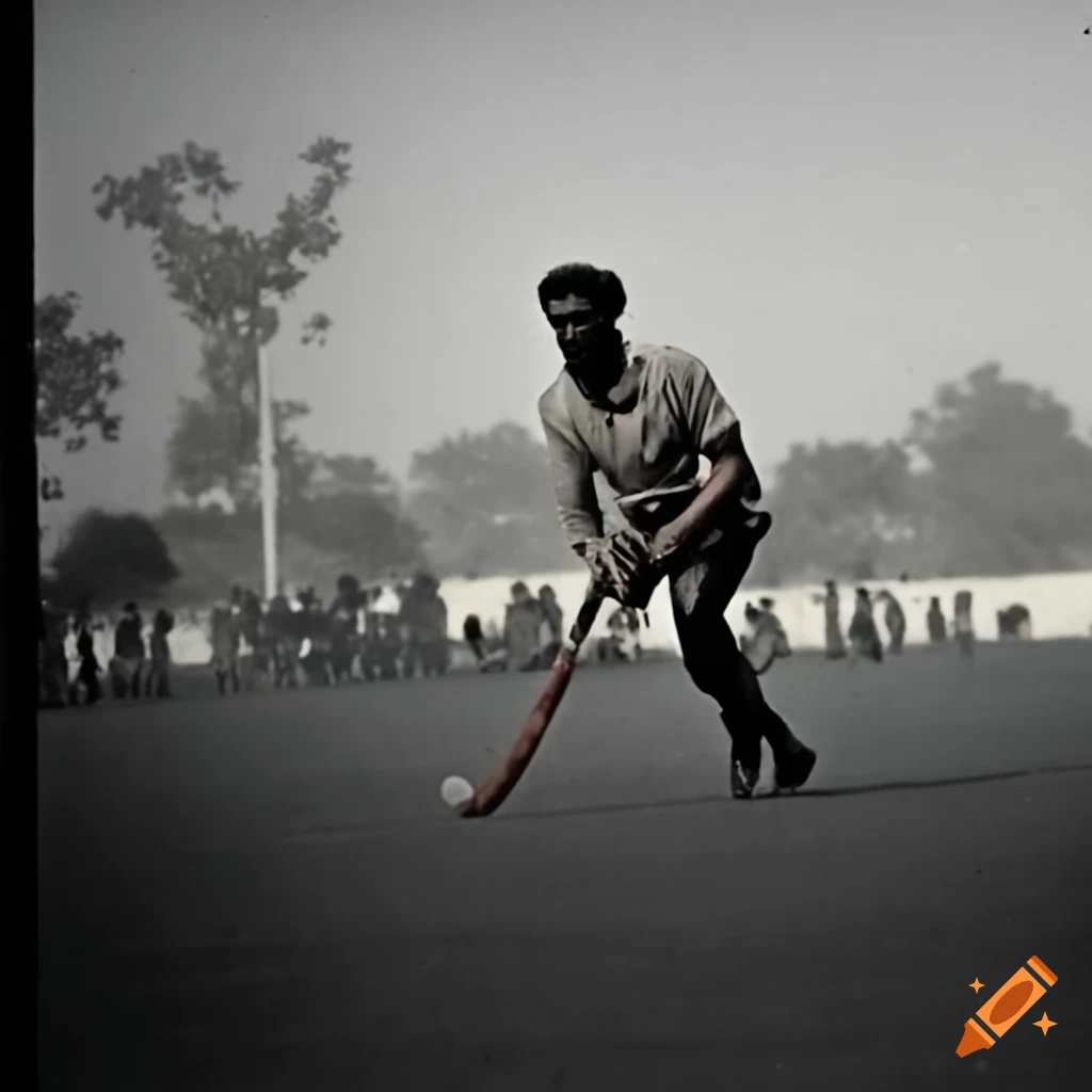 Historic hockey match in traditional uniforms with Punjab countryside backdrop, 1970s