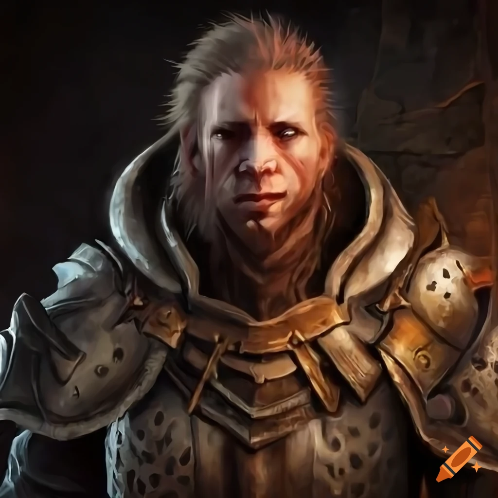 Detailed portrait of a male warrior in heavy armor in a dungeon setting
