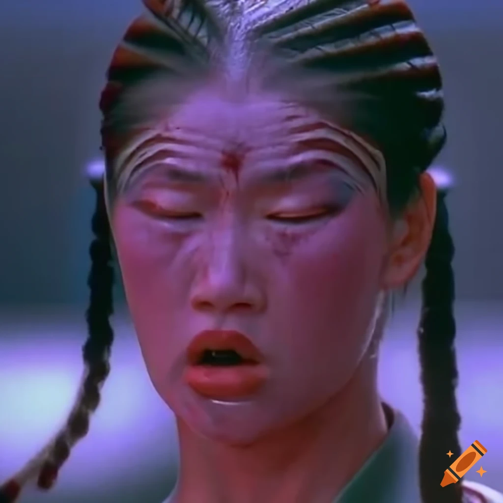 Closeup of Chinese woman martial fighter with intense expression and bruises