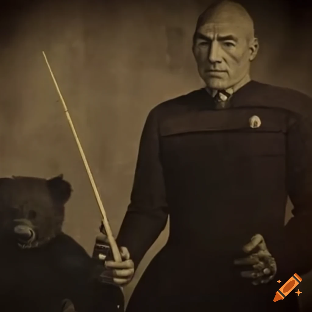 Captain Picard confronting a bear with a lightsaber in a vintage teepee village setting