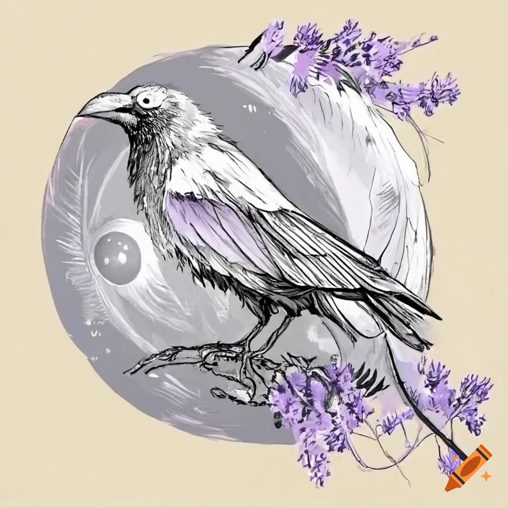 Lone crow with white and lavender feathers on a moonlit branch