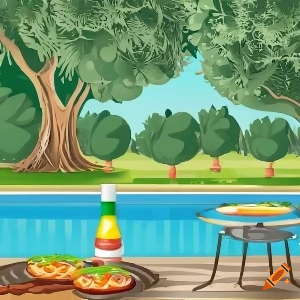 Invitation to barbecue by the pool among olive trees in a green setting