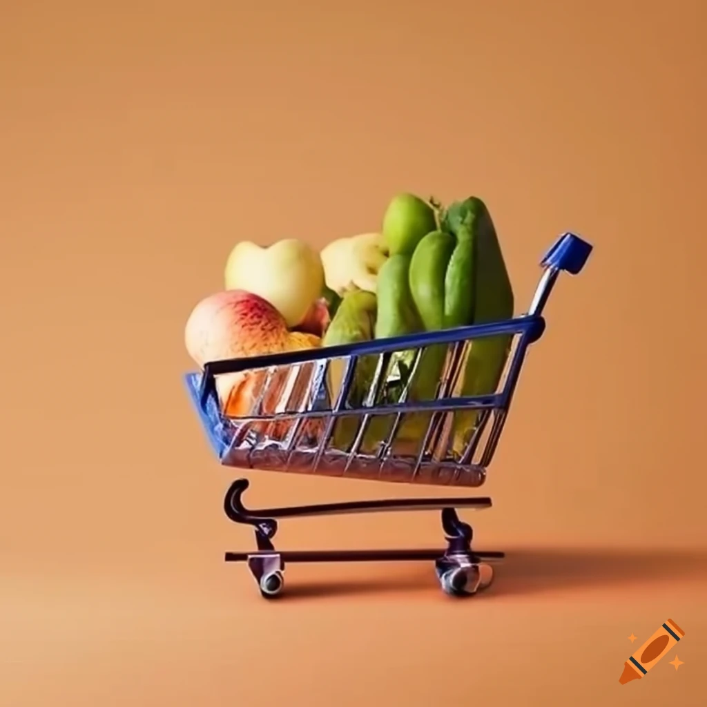 Minimalistic grocery cart filled with gourmet fruits and vegetables