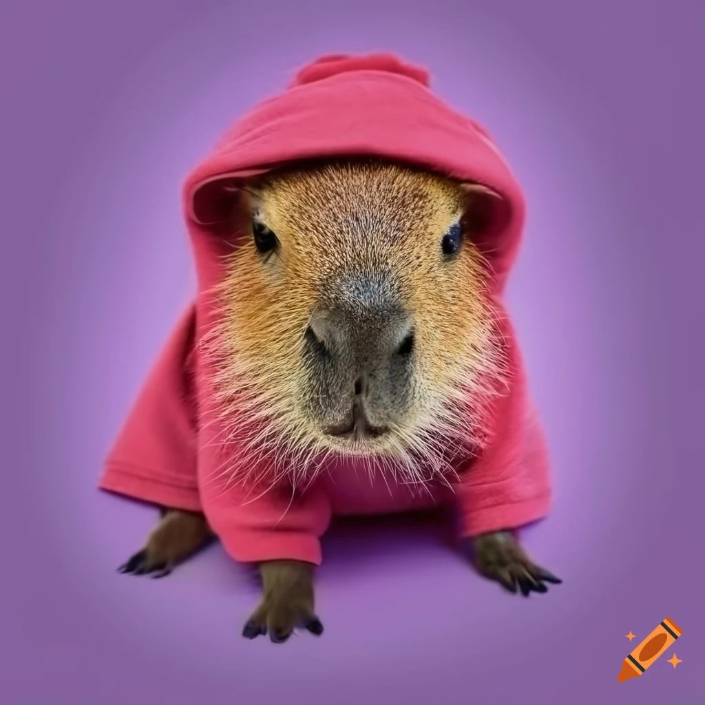 Cute capybara baby in a hoodie on a purple background
