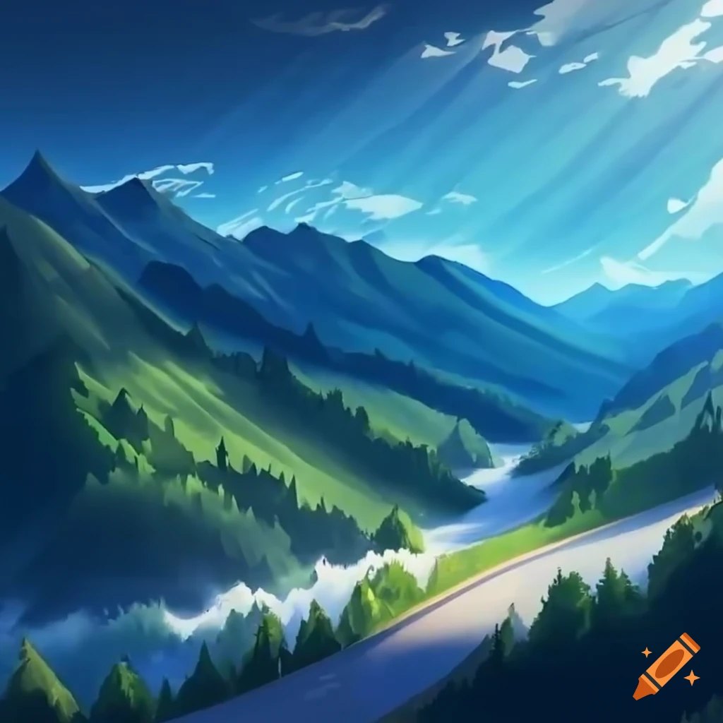 Winding road disappearing into misty mountains in an anime style ...