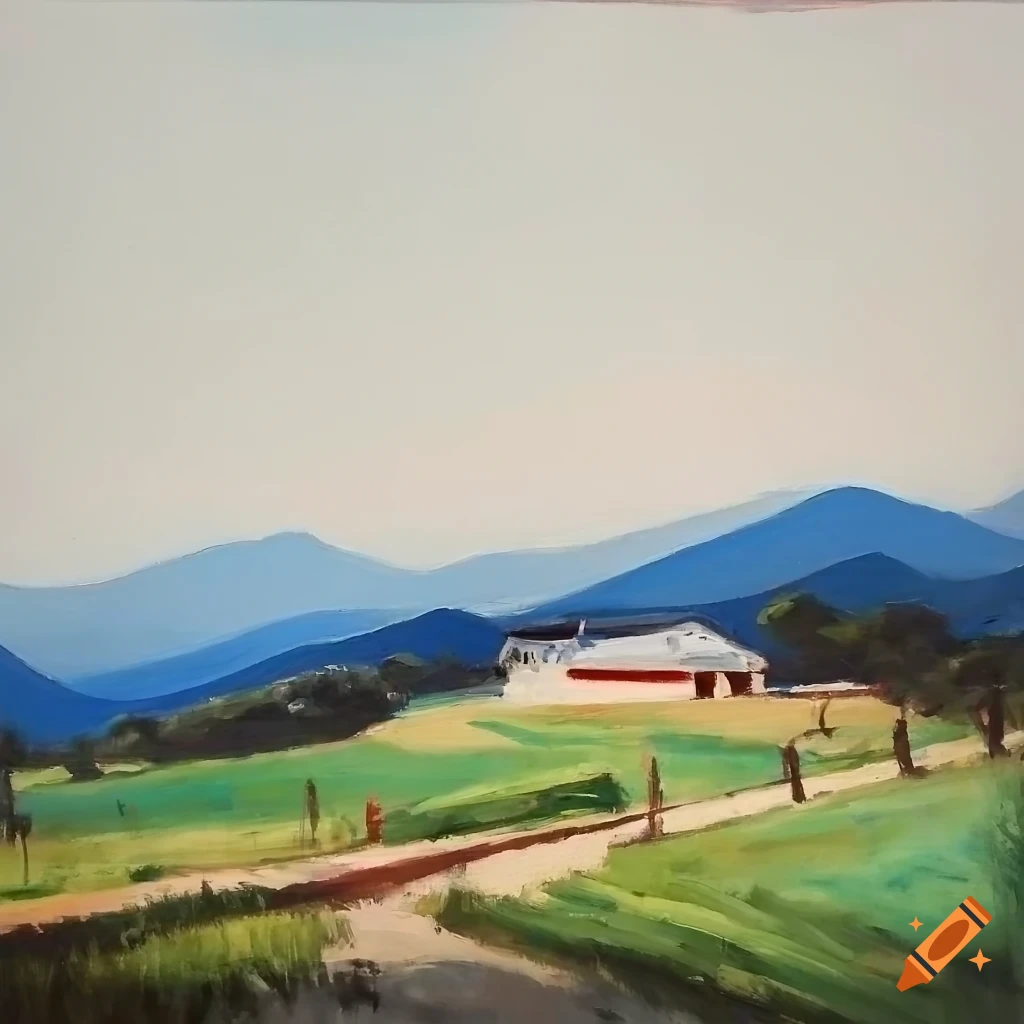 Korean ranch over the hill in 1970s style oil painting