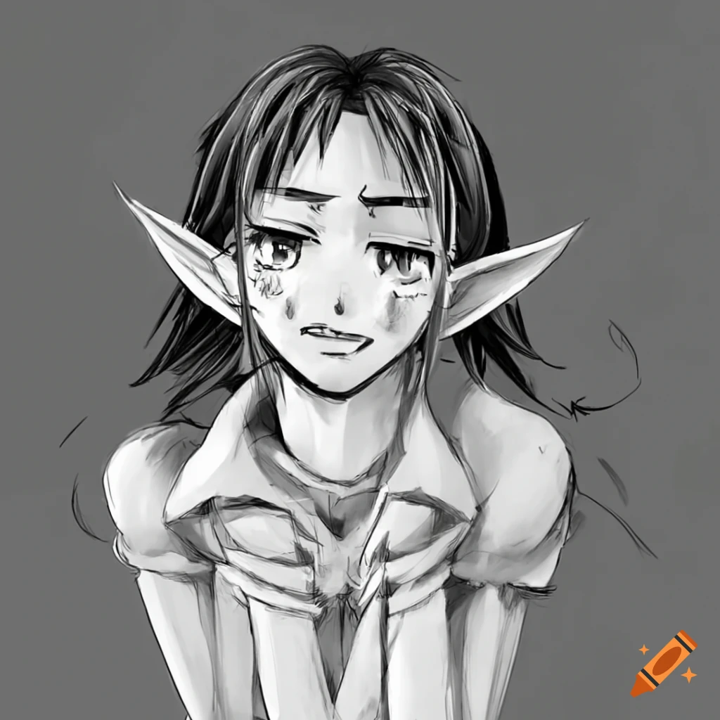 embarrassed-sweating-anime-elf-in-black-and-white-pencil-sketch-on-craiyon