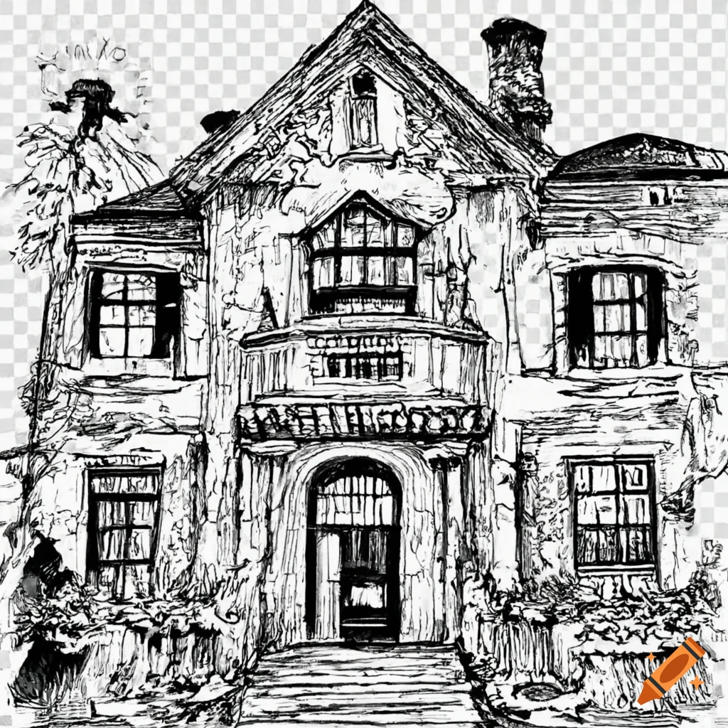 Majestic mansion under moonlight in gothic black and white drawing