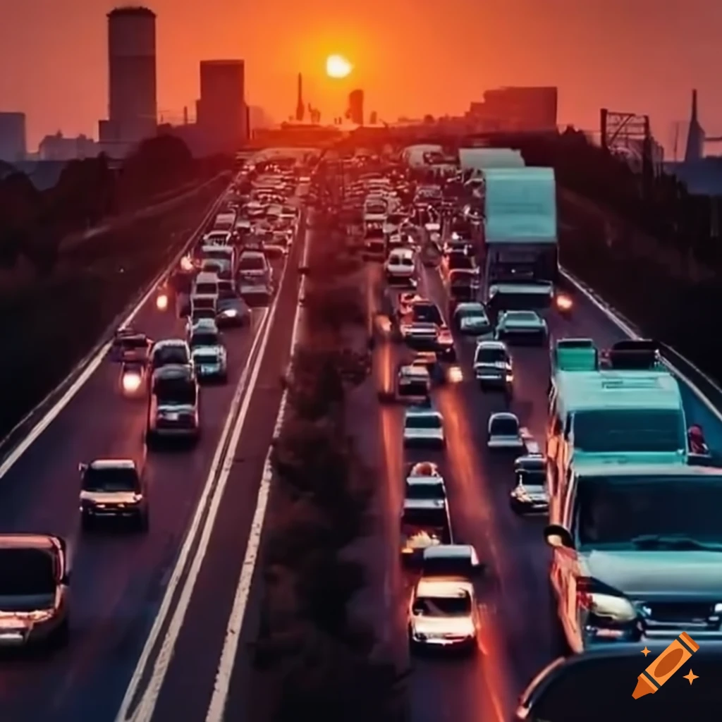 Traffic jam on a busy highway with a clear priority lane