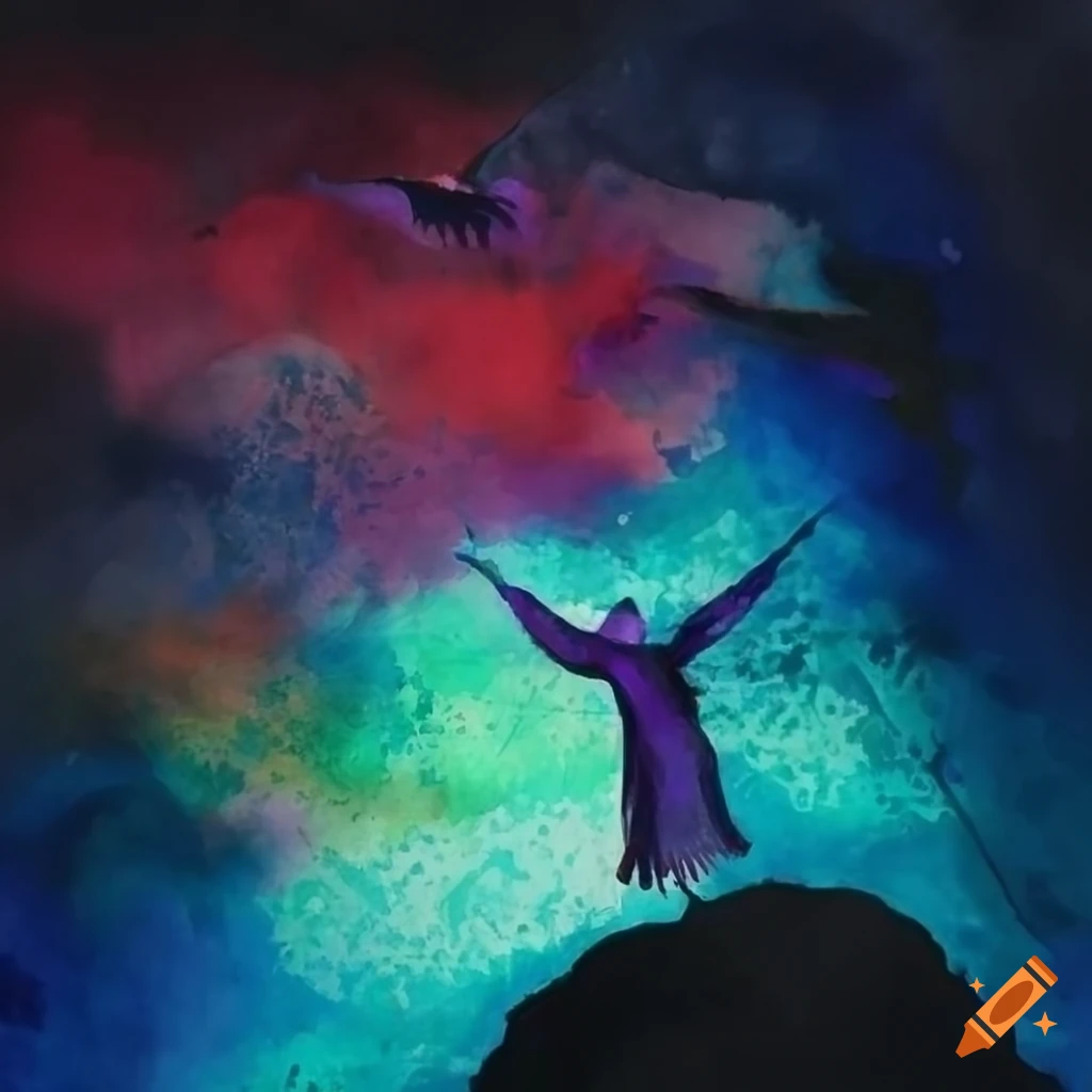 Colorful epiphany human birds flying in the sky with a dark rock style