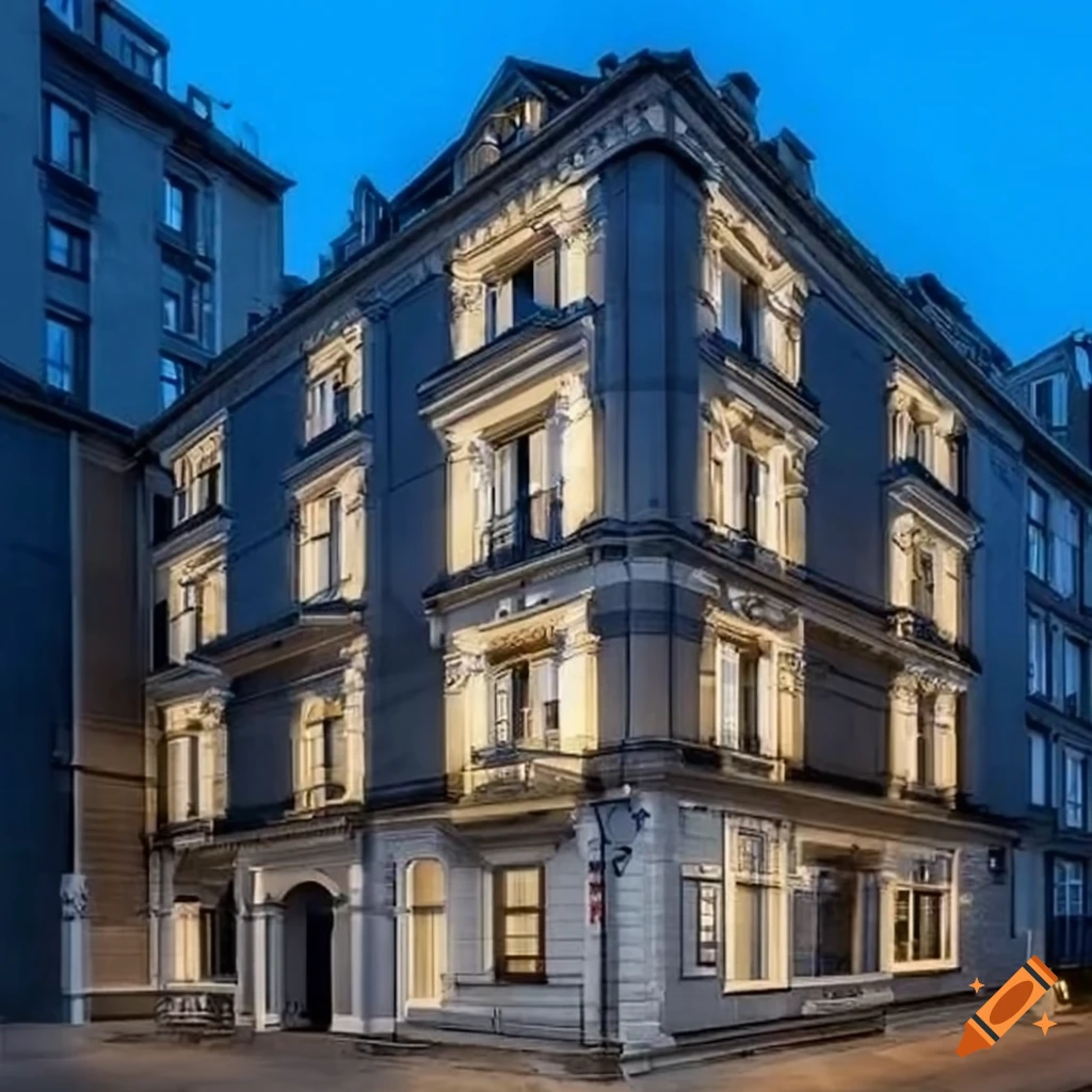 Neo classic residential building with grey ground floor and blue upper floors