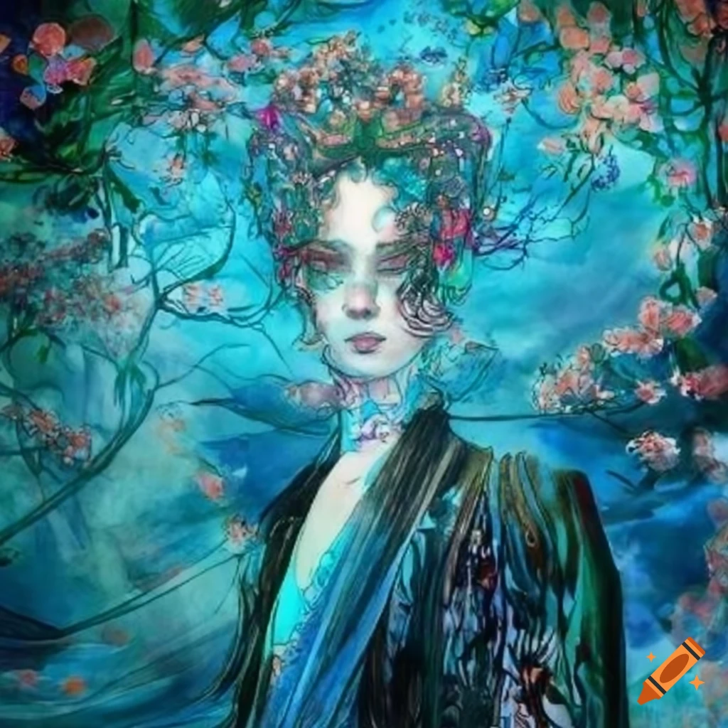 Cybernetic cherry blossoms and a man cyborg inspired by Yoshitaka Amano's art