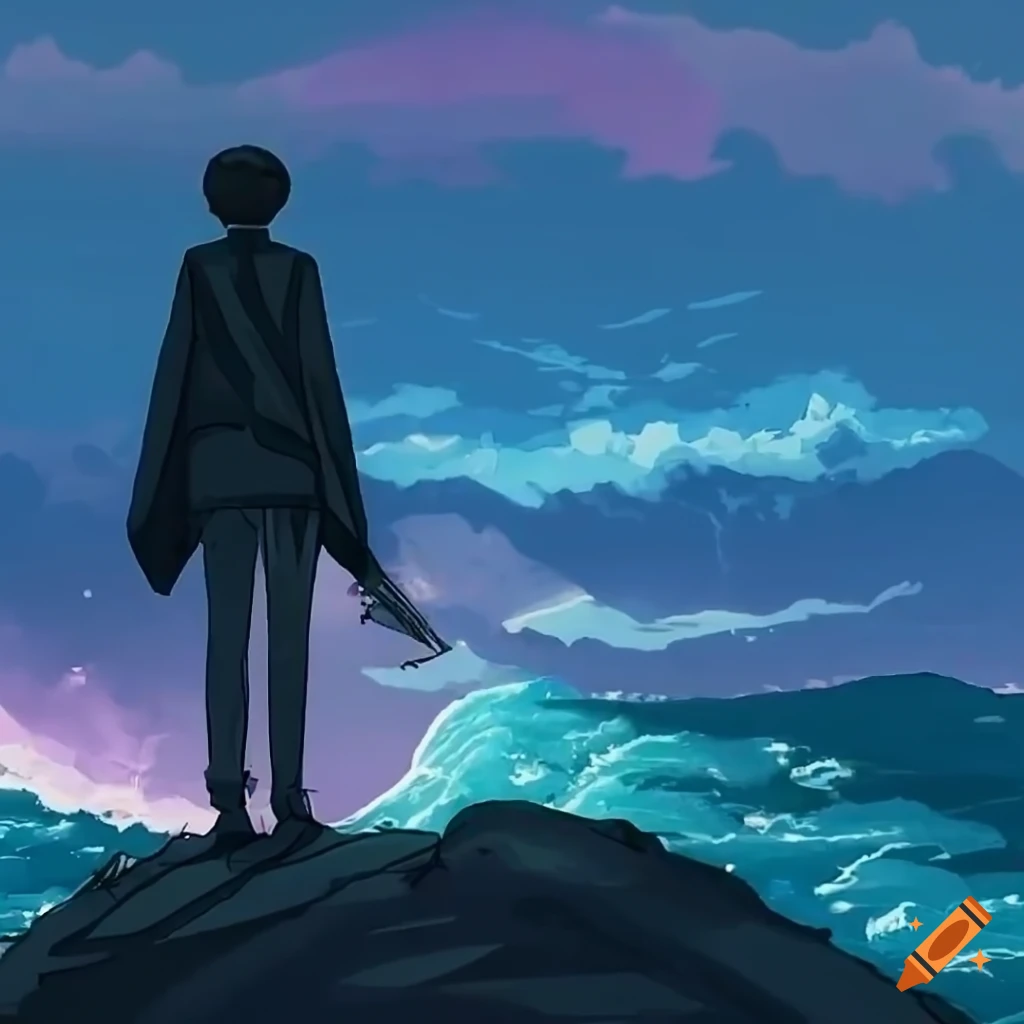 Solitary figure on a cliff looking at stormy sea in anime style