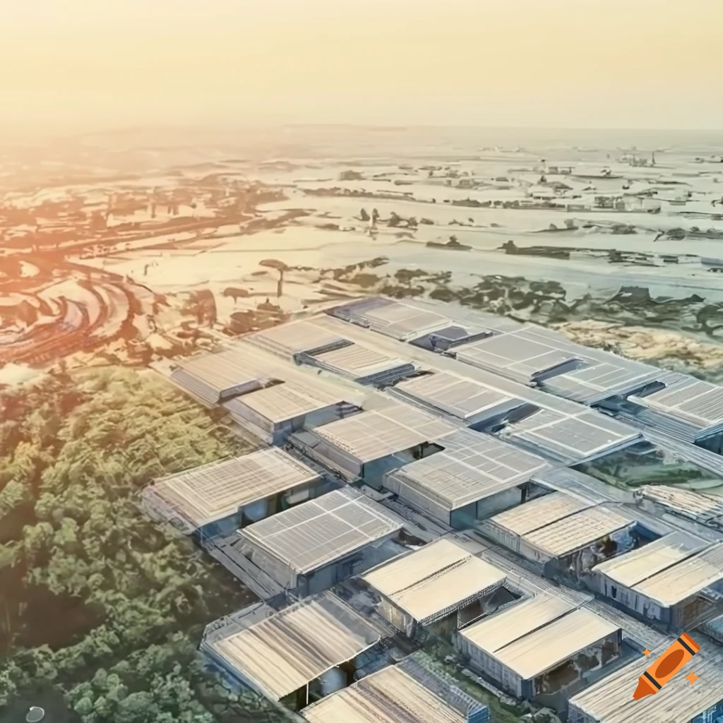 Modern industrial estate with solar systems in a technology city at