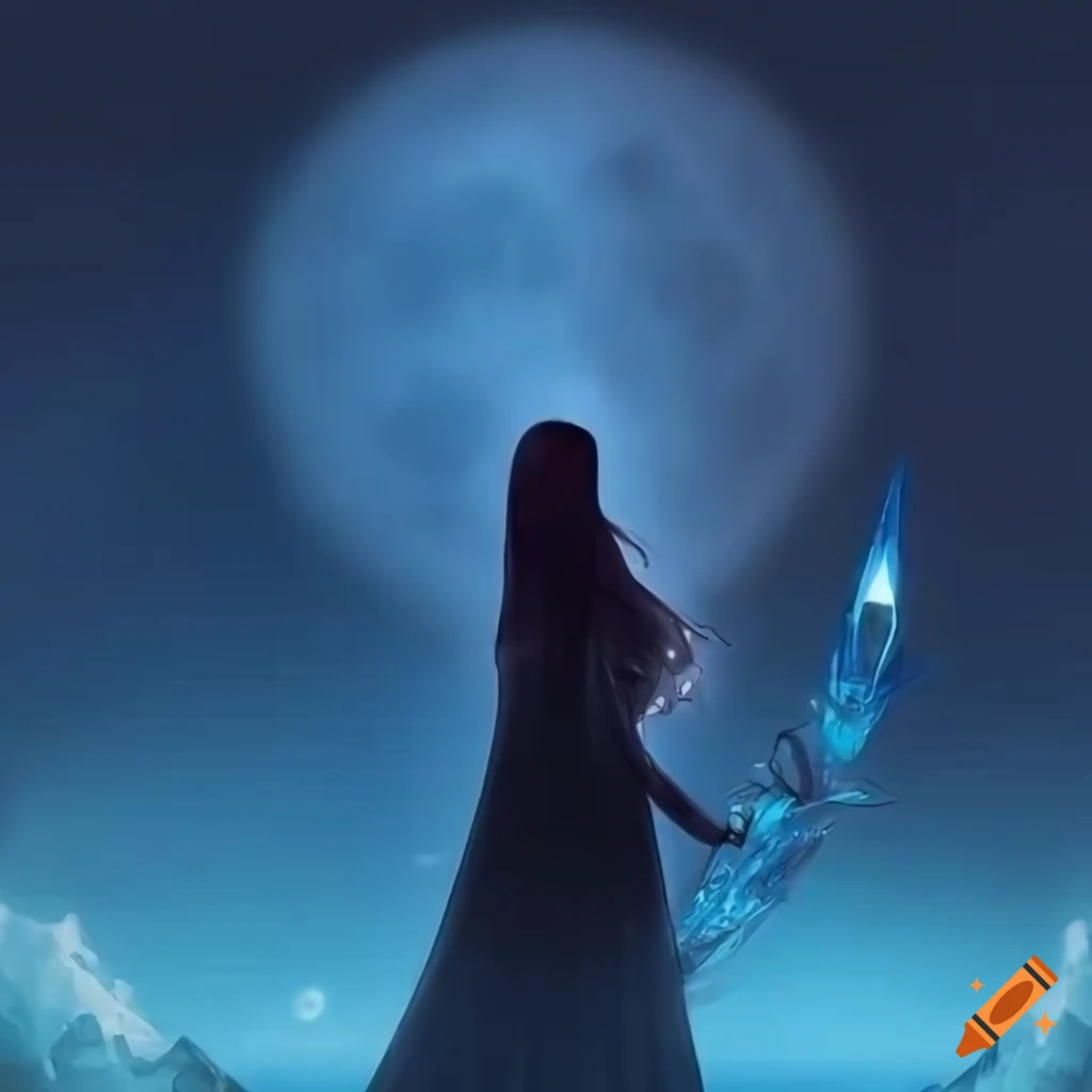 Silhouette of cloaked woman holding a blue crystal sword under a crescent moon in a fantasy landscape of blue crystals