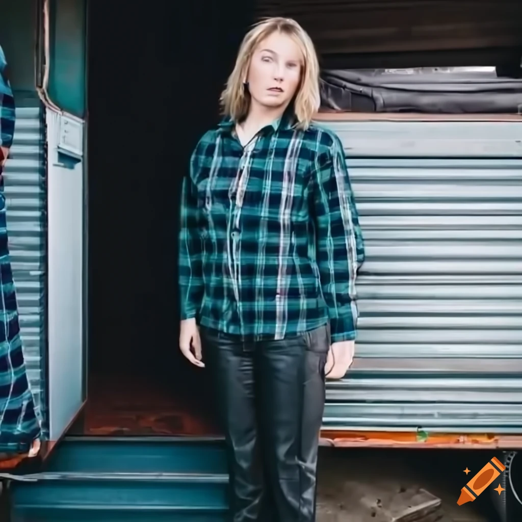 Young person resembling Icelandic singer Bjork standing in caravan doorway