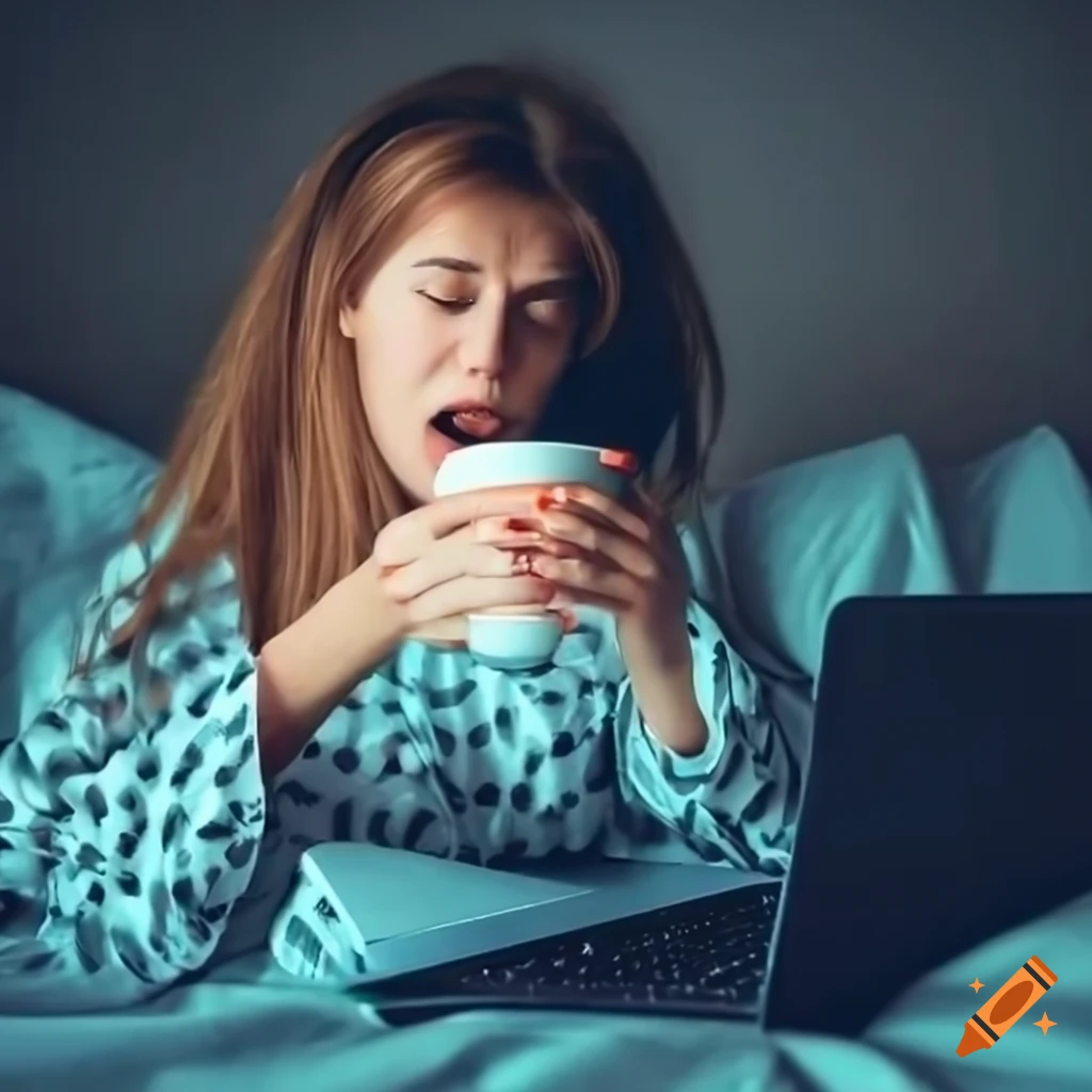 Student in pajamas with laptop in bed enjoying coffee