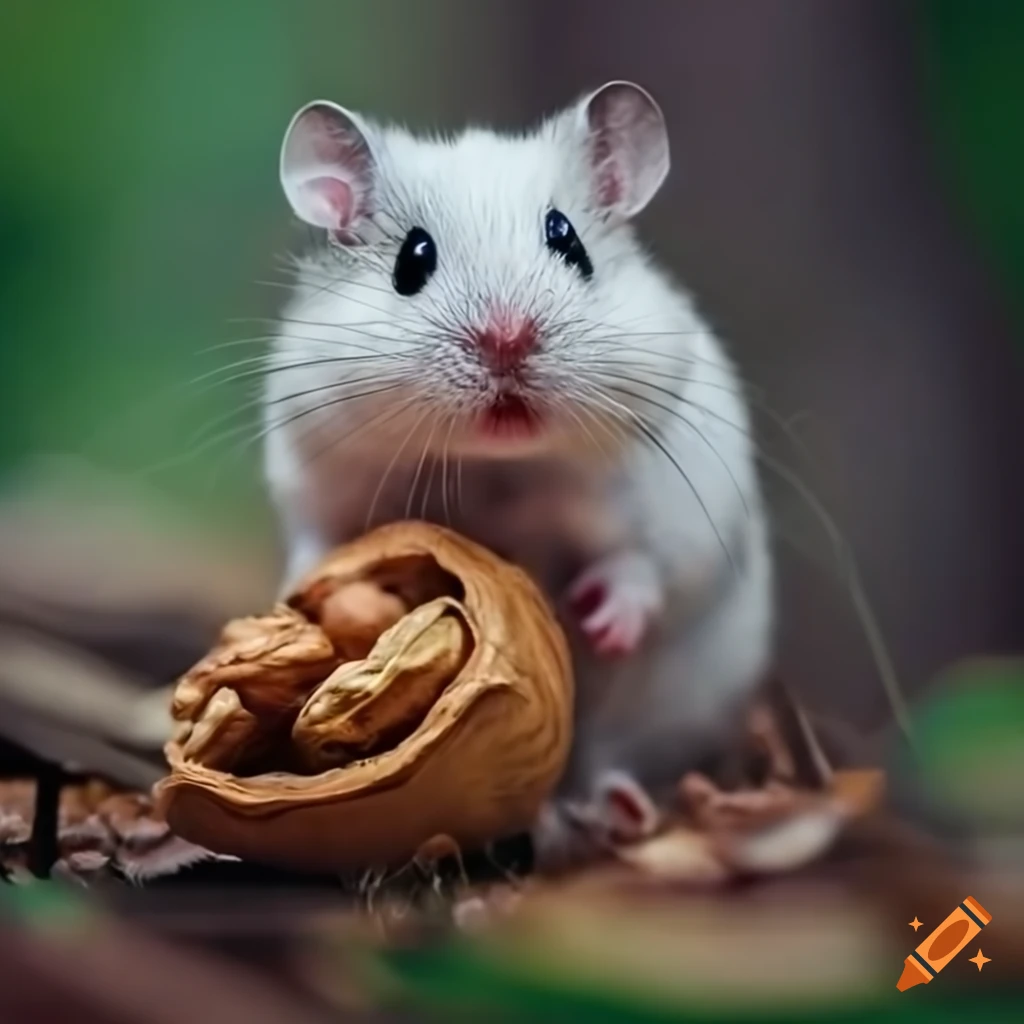 Winter white dwarf hamster eating a walnut in the forest