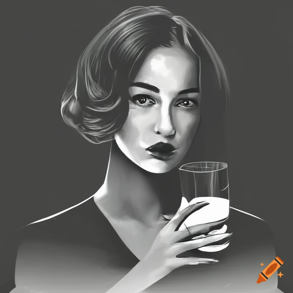 Elegant young woman in a vintage restaurant in black and white illustration