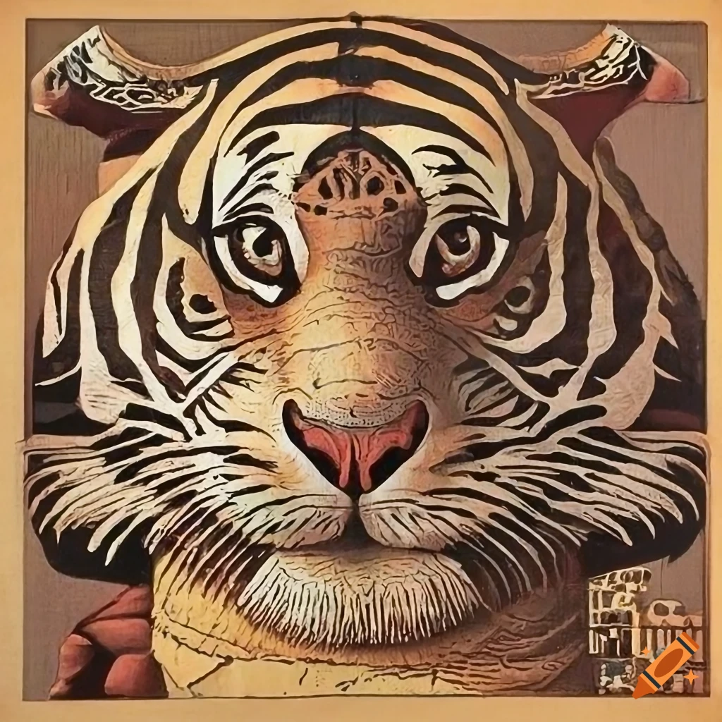 Vintage adventure travel poster of a happy tiger