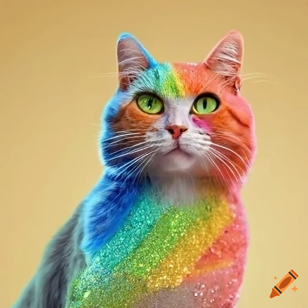 Rainbow-colored cat with glittery accessories at a Pride celebration