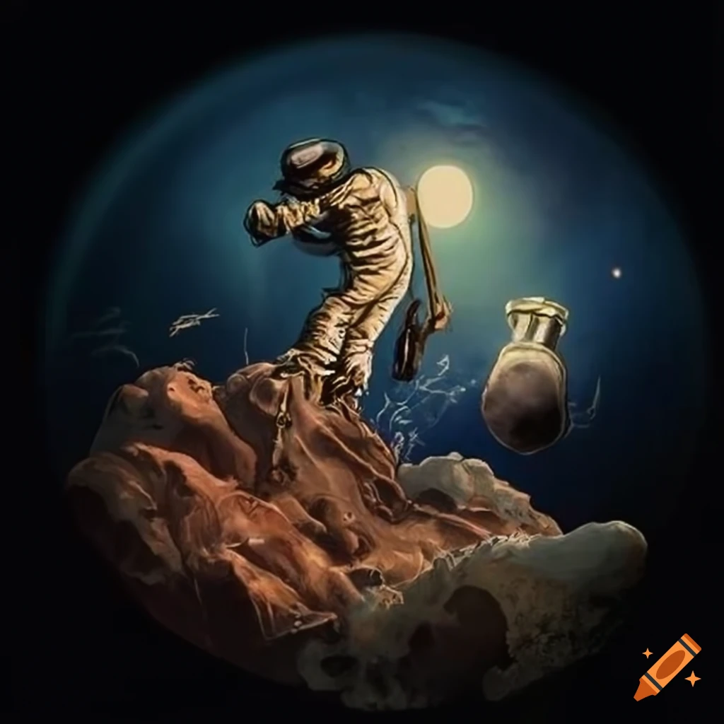Cowboy astronaut rides rocket and tames tentacled creature in asteroid belt pulp art