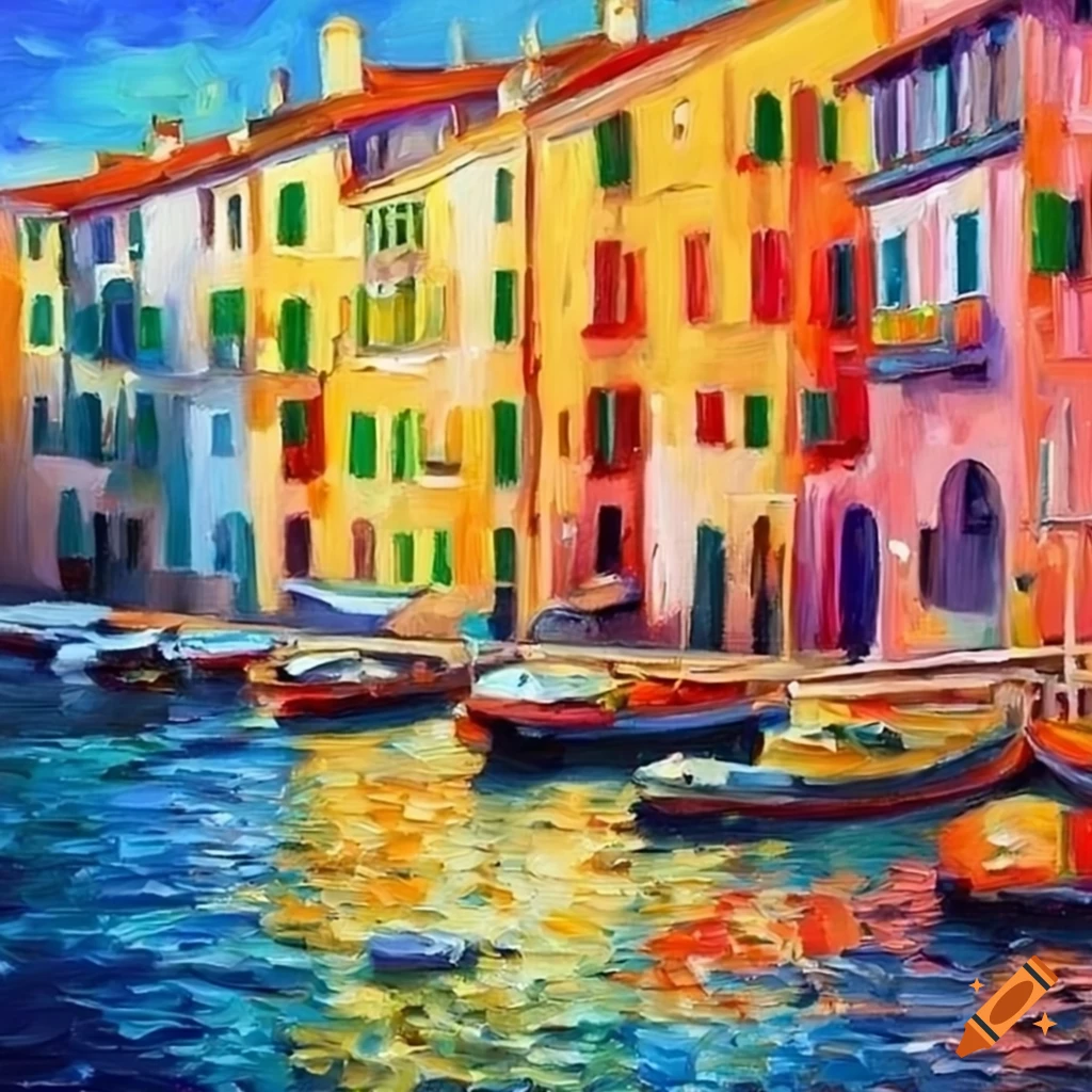 Colorful Italian houses by the glistening sea in an exquisite oil painting