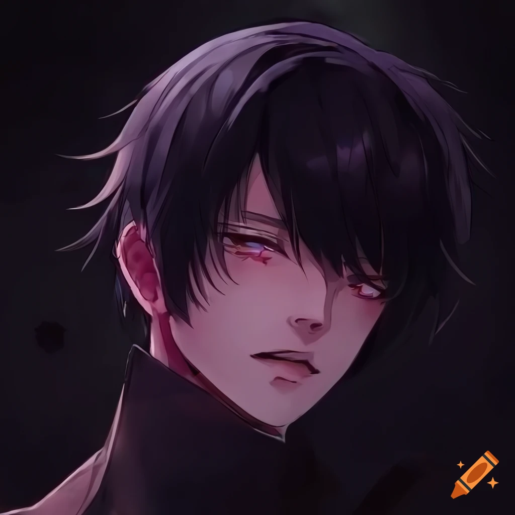 Mysterious and handsome anime boy with black hair in jelly art style