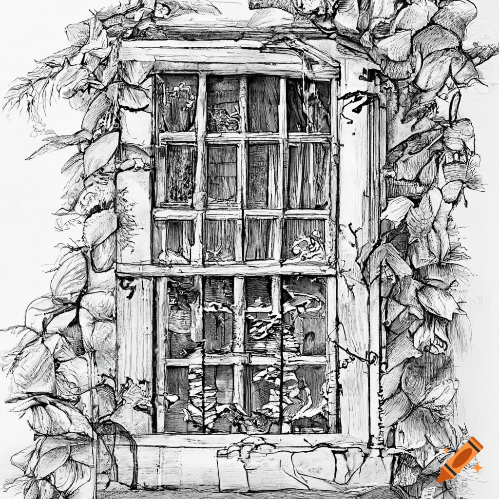 Vintage window surrounded by vines, flowers, and plants in Russ Nicholson  style on Craiyon