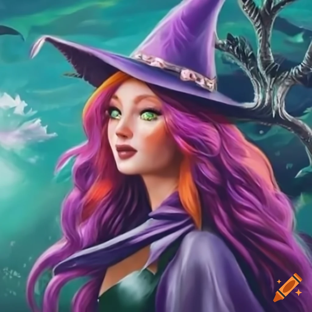 Cute witch with red hair and green eyes posing with mountains in the ...