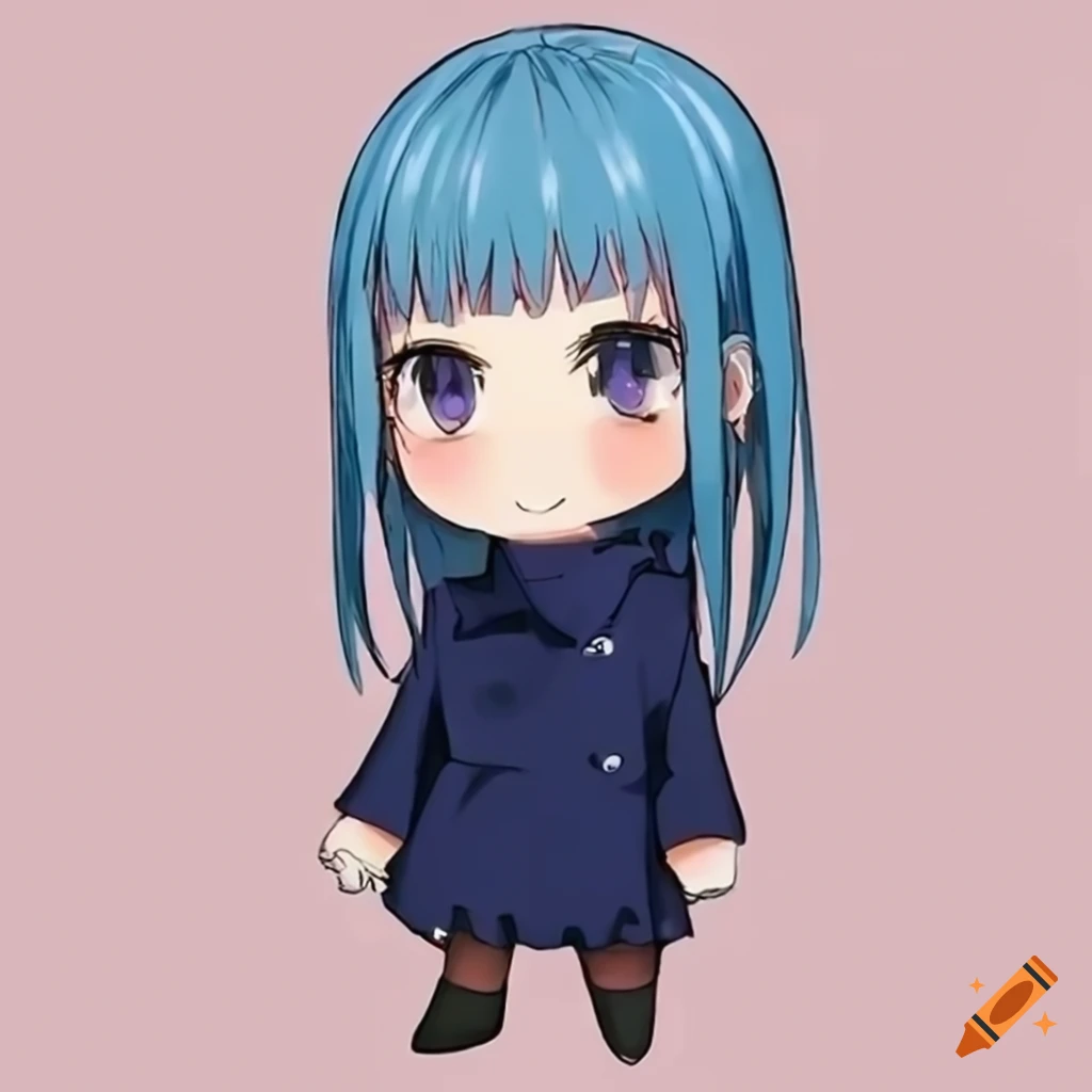 Chibi version of Jujutsu Kaisen's Kasumi Miwa with light blue hair in a suit