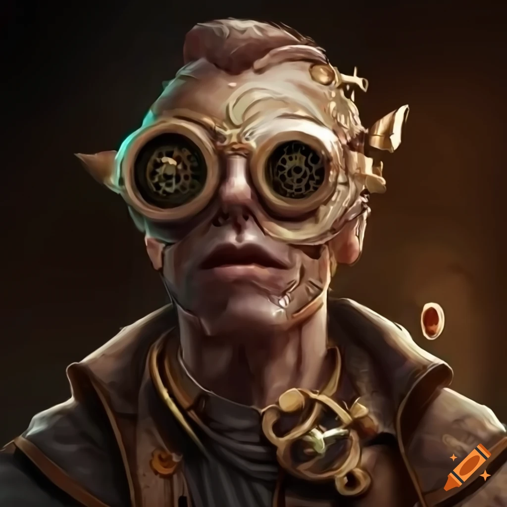 Steampunk male character with intricate machinery and goggles on Craiyon