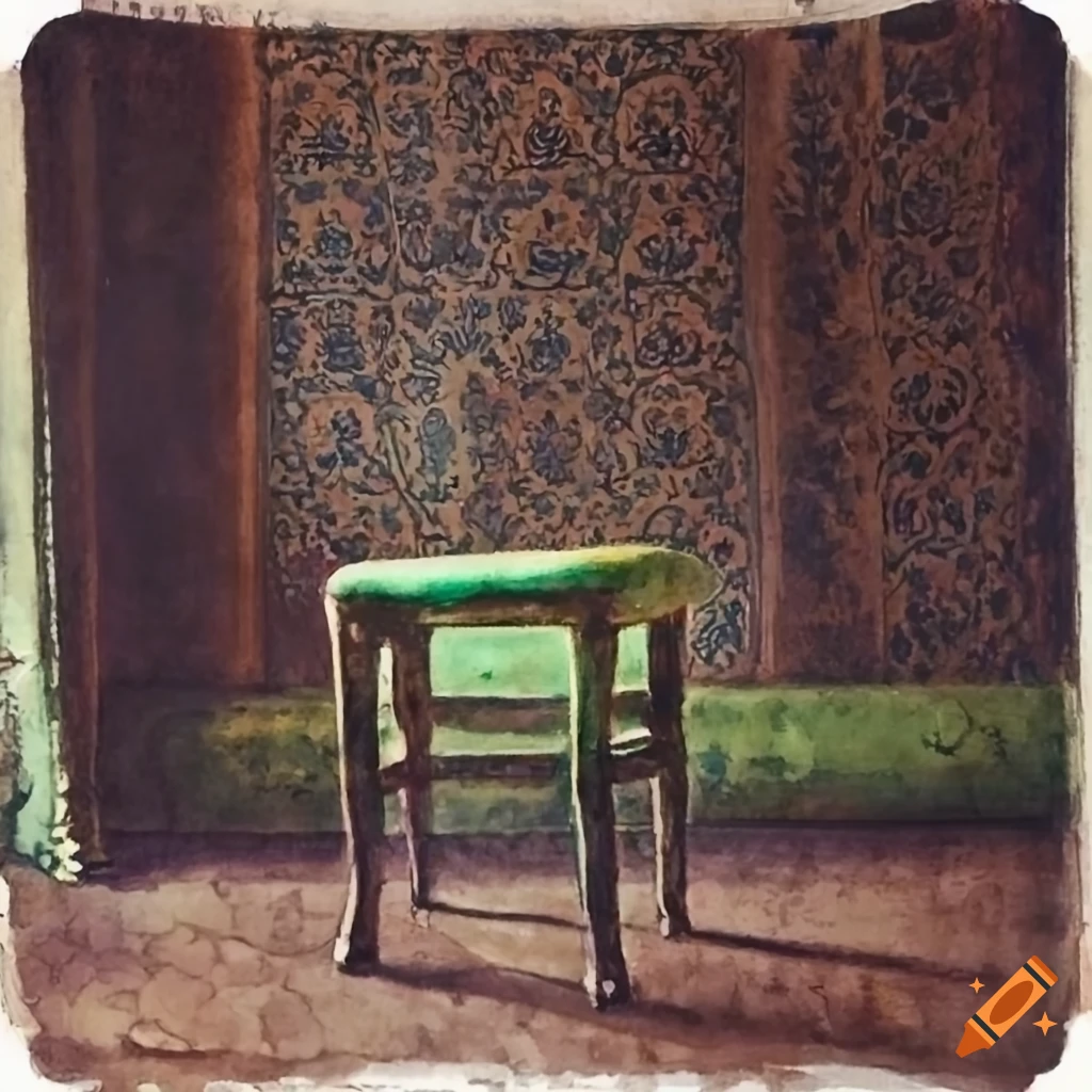 Watercolor drawing of an old stool with green upholstery in a dark hall