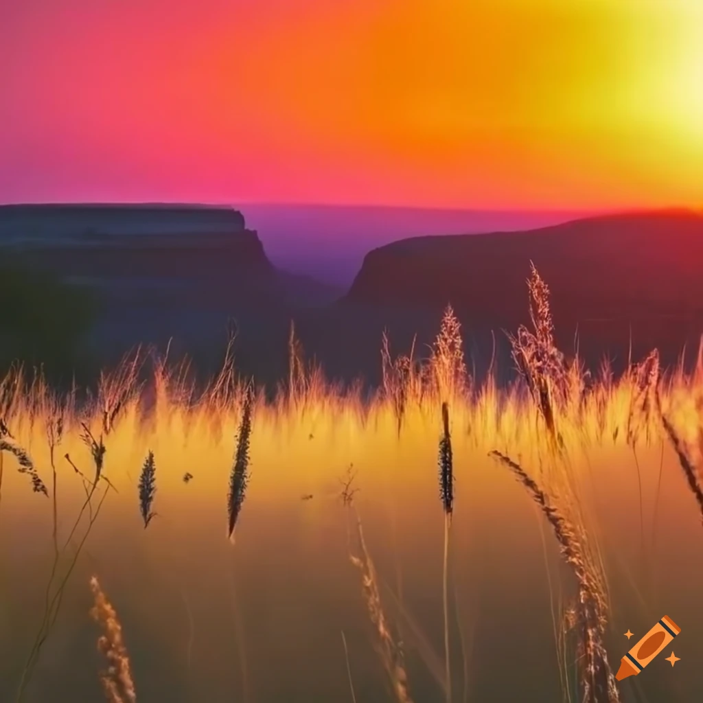 Vibrant red sunset over a field with yellow tall grass near a canyon