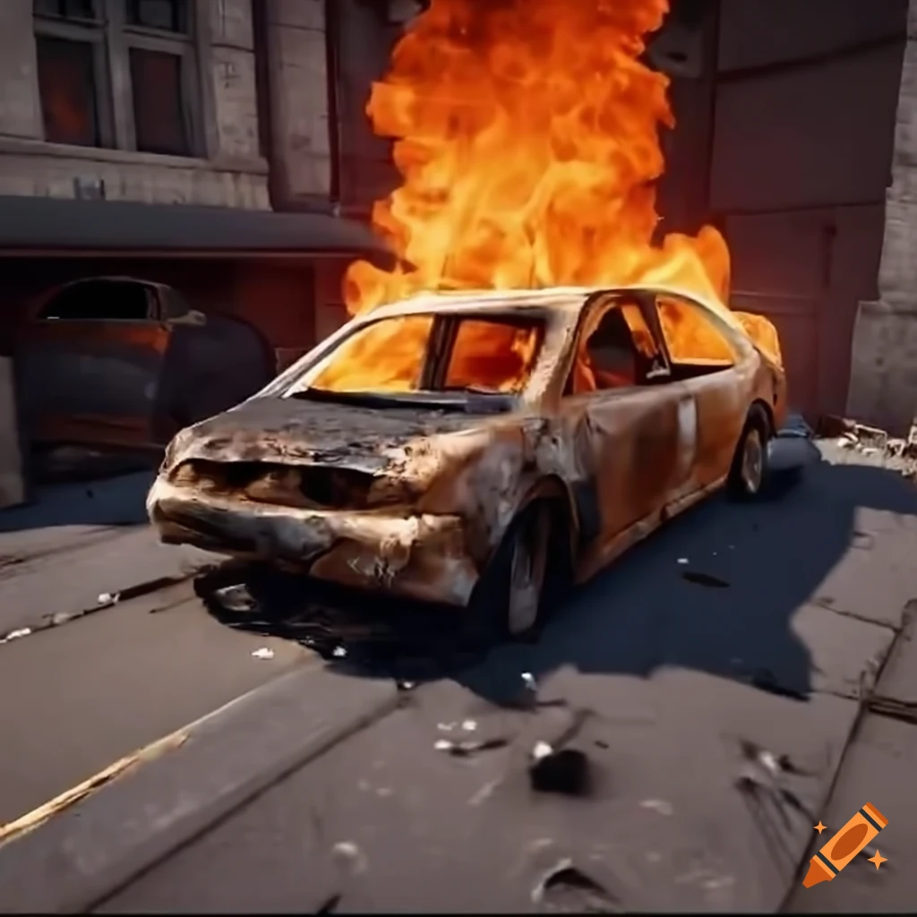 Burnt out crashed car on fire