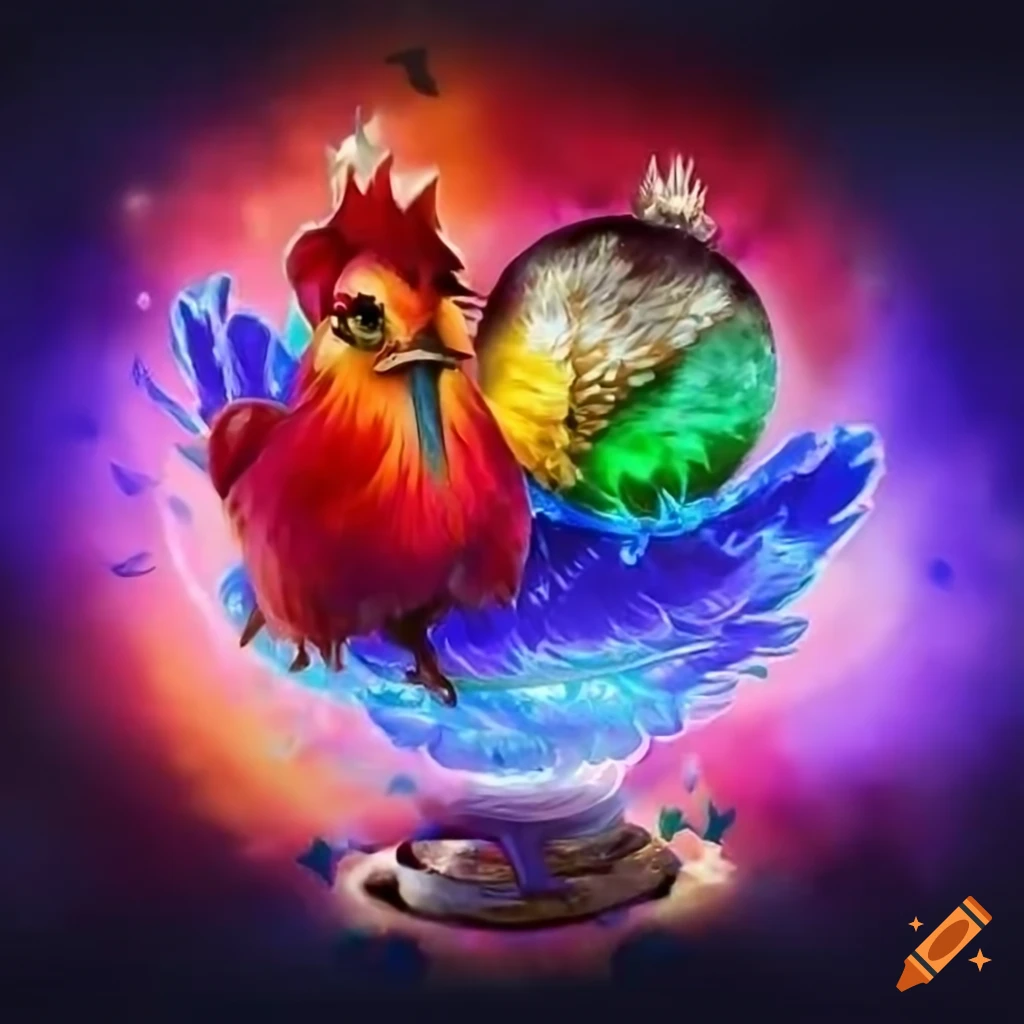 D&D style badge with elemental spells, luminescent globes, and small chickens on bright background