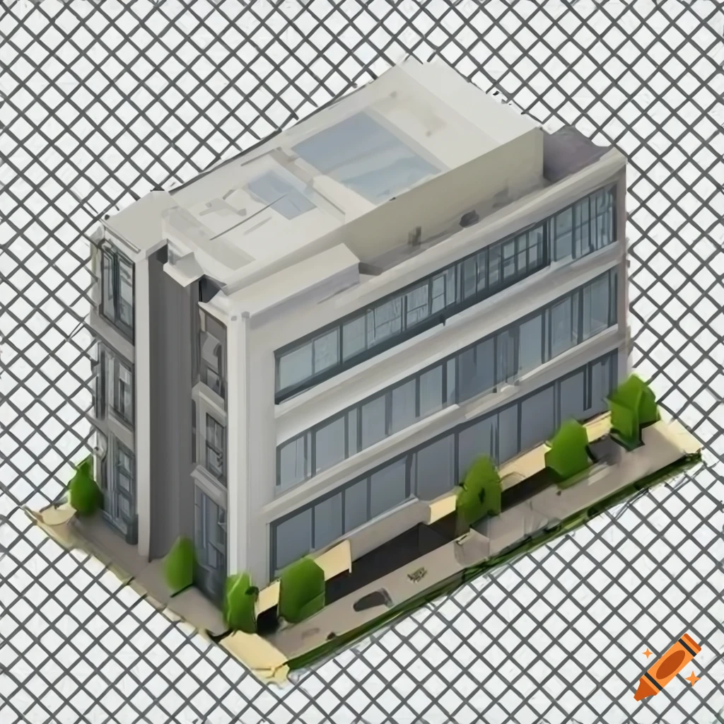 Isometric view of a modern building with surrounding roads in 3D render